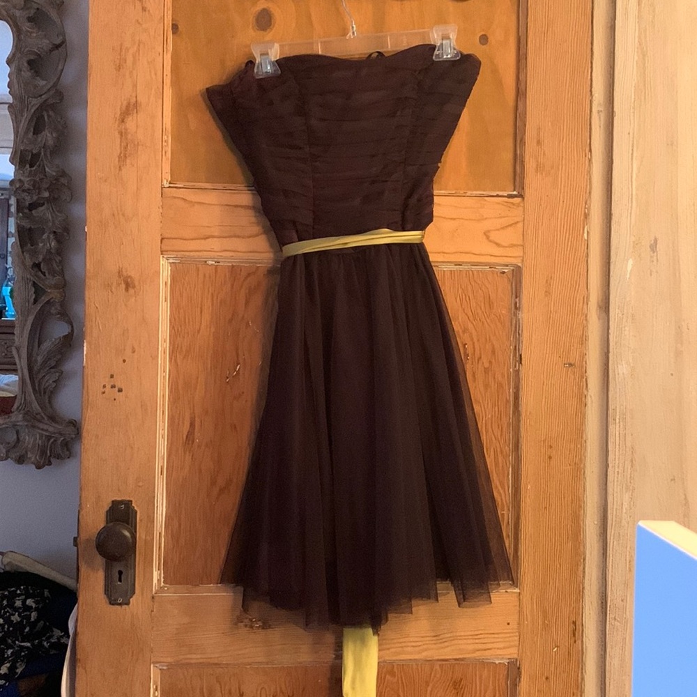 Vintage Nicole Miller Brown Strapless Tulle Dress with Chartreuse Sash